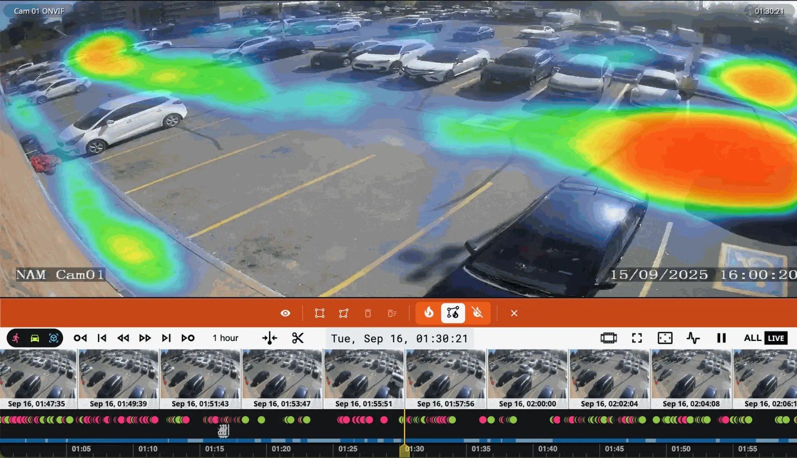 Heat map over a car park showing where people and vehicles spent the most time